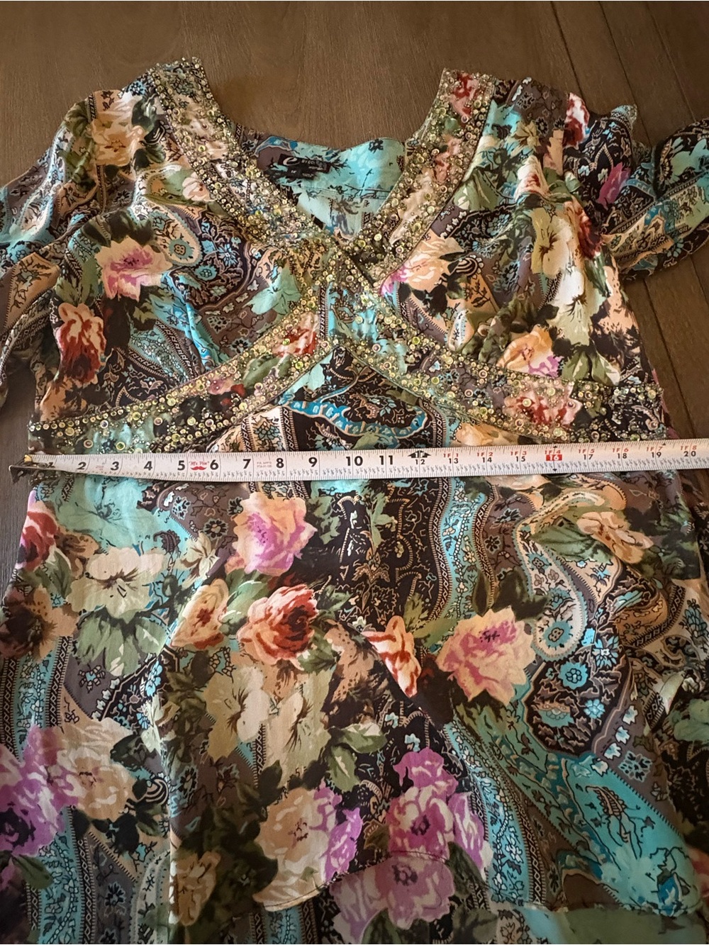 ECI Woman Teal, Black & Pink Floral Print Silk Top - Picture 11 of 16